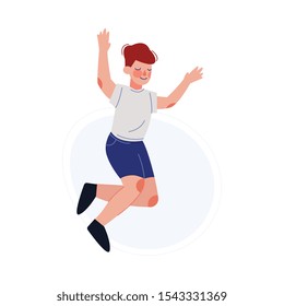 Happy Boy Joyfully Jumping, Smiling Child Blue Shorts and White T-shirt Having Fun Vector Illustration