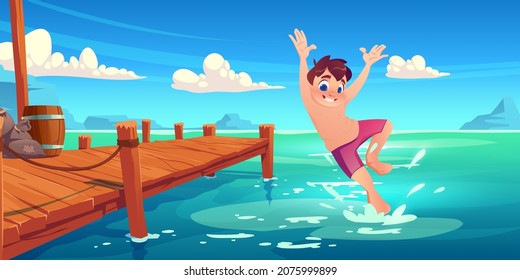 Happy boy jump into water from wooden pier. Summer vacation concept with joyful child fun and playing on lake at sunny day. Kid summertime lifestyle, childhood, happiness, Cartoon vector illustration