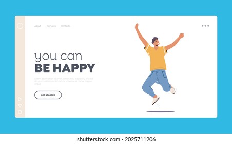 Happy Boy Jump with Raised Arms Landing Page Template. Male Character Feeling Positive Emotions, Rejoice, Victory or Success. Teenager Felling Good Mood, Laughing. Cartoon People Vector Illustration