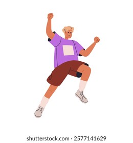 Happy boy jumping up in air. Excited joyful teenager celebrating, flying in air in dynamic energetic emotional pose with fists, arms gesture. Flat vector illustration isolated on white background