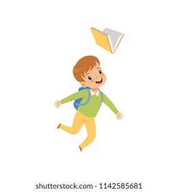 Happy boy jumping with book, cute kid playing and learning vector Illustration on a white background