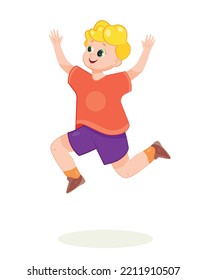 Fröhlicher Junge springt. Charmanter und bezaubernder Teenager in blauen Hosen und rotem T-Shirt. Kindermode und Stil. Schönheit, Eleganz und Ästhetik. Gefühle und Stimmung. Cartoon-Flavektor-Vektorgrafik