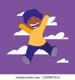 happy boy jumping clouds background