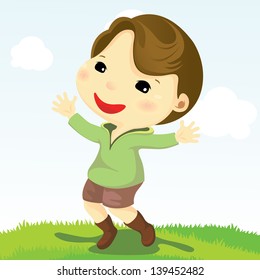 Happy boy jumping in the field