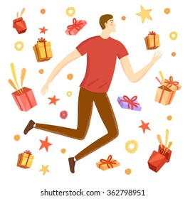 Happy boy jumping with gift boxes around him. Feelings of happiness and joy. Holiday cartoon illustration for your design.