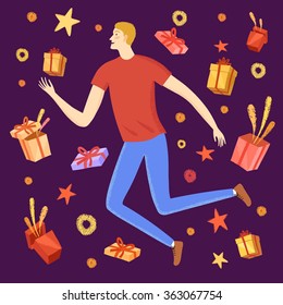 Happy boy jumping with gift boxes around him. Feelings of happiness and joy. Holiday cartoon colorful illustration for your design.