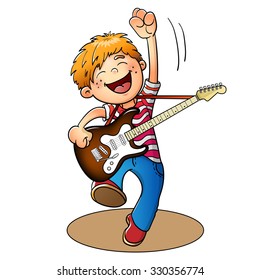 Happy Boy Jumping With A Guitar Isolated On White Background