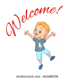 Happy boy jumping with hands up. Welcome card, banner, poster. Cool boy character in the light shorts and a gray T-shirt with a funny bird.