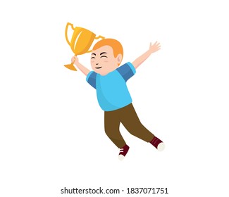 Happy Boy Jumping and Holding Trophy Illustration