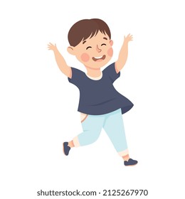 Niño feliz saltando con alegría y manos arriba alentando y teniendo una divertida ilustración vectorial