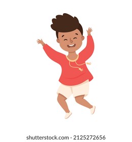 Happy Boy Jumping with Joy and Hands Up Cheering and Having Fun Vector Illustration