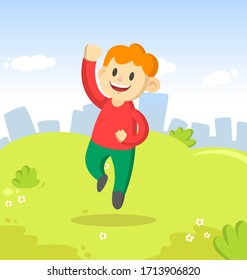 Happy boy jumping for joy in the park on city and blue sky background. Funny cartoon character. Colorful cartoon flat vector illustration.