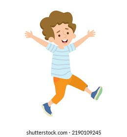 Happy boy jumping on summer meadow flat vector illustration. Cartoon boys and girls playing in park at daytime. Kindergarten and childhood