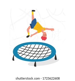 Happy boy jumping on trampoline. Young man having fun jump and bouncing, spare time, training and activity. Cartoon flat vector illustration on white background
