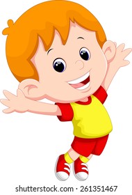 Happy boy jumping on white background