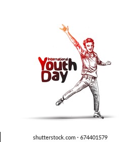 Happy boy jumping on a white background. The concept of friendship, healthy lifestyle, success. International Youth day,12 August,