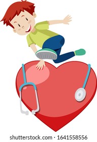 Happy boy jumping over the big red heart illustration