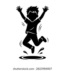 Happy Boy Jumping Over Puddle Silhouette Vector Illustration - Black Symbol for Childhood Fun, Outdoor Play, and Rainy Day Design

