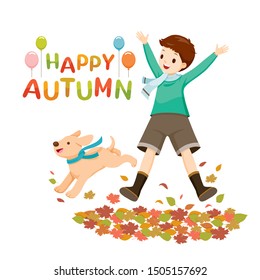 Happy Boy Jumping And Raising Hands With Dog In Autumn Season, Nature, Season, Weather, Symbol, Kids, Activity 