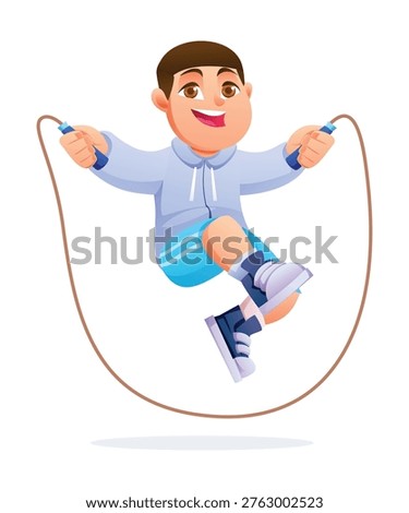 Happy boy jumping rope with energetic high jump movement. Vector cartoon character illustration