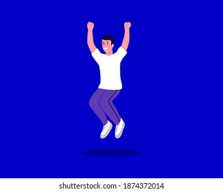 Happy boy jumping, sportsman, winner, vector illustration in trendy flat style. A successful person achieved a goal.