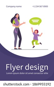 Happy boy jumping and talking with mother holding cat. Pet, animal, son flat vector illustration. Family and happiness concept for banner, website design or landing web page