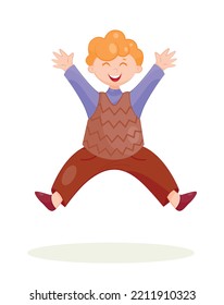 Happy boy jumping. Young guy in red pants and brown vest rejoices. Happy child, emotions, facial expressions and gestures. Sticker for social networks and messengers. Cartoon flat vector illustration