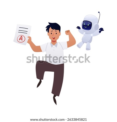 Happy boy jumps after receiving the highest grade on exam. Schoolboy studying with chat bot. Digital pupil education with Artificial intelligence robotic assistance. Cartoon vector flat illustration