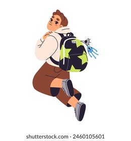 El chico feliz salta, se divierte. Lindo niño lleva mochila. Niño divertido con bolso escolar levanta en el aire. Pequeño estudiante se alegra de volver a la escuela. Ilustración vectorial aislada plana sobre fondo blanco