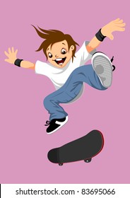 happy boy jumps on a skateboard