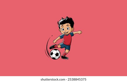 A happy boy kicking a soccer ball in mid-action.