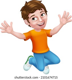 A happy boy kid child cartoon character jumping for joy