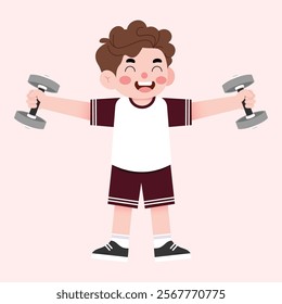 Happy Boy Kid Child Lifting Dumbbells Exercise Fitness Workout Cartoon Illustration