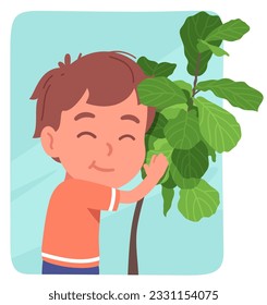 Happy boy kid growing plant sticker. Smiling child person caring about fiddle leaf fig domestic houseplant. Natural floral home decoration, gardening hobby, nature, botany flat vector illustration