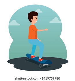 happy boy kid playing in the skateboard