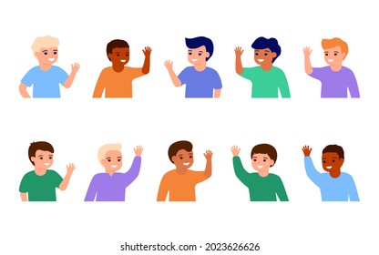 Happy Boy Kids Waving Hands Hello. Smiling Little Children Greeting, Welcome Or Goodbye Gesture. Young Friends, Elementary School Students, Kindergarten Pupils Boys. Vector Flat Illustration