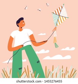 Happy boy with a kite flying in the sky, tall grass, open space and a few seagulls, vector illustration about good times and feeling of freedom