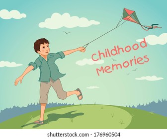Happy boy with a kite running on summer field