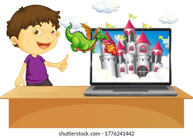 Happy boy with laptop and fairy tale story on screen illustration