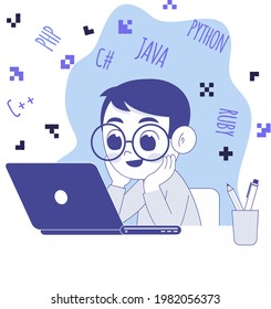 Fröhlicher Junge mit Laptop, Online-Coding-Kurs-Konzept flache Design-Illustration 