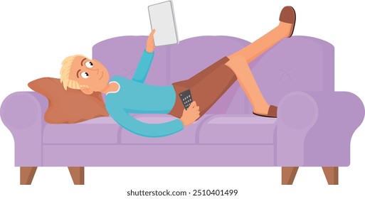 Happy boy lay on couch. Lazy teen relax