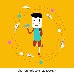 Happy boy learning and throwing paper airplane. flat vector illustration