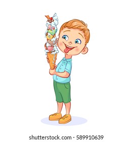 Happy boy licks highest tower of colored ice cream with sweet topping and red berry on top. Cartoon vector illustration  isolated on white background.