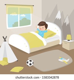 Happy boy lies in bed. Cute male kid wakes up in the morning in her bedroom. Cartoon preschooler character, playroom interior with toys and furniture. Flat vector illustration