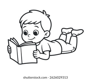 A happy boy lies on his stomach, engrossed in reading a book. Simple line art, perfect for children's books or educational materials.