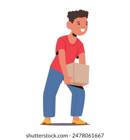 Happy Boy Lifting A Cardboard Box With A Cheerful Smile. Cartoon Vector Character Is Wearing Casual Clothes, Showing A Positive And Energetic Expression, Suggesting Helpfulness And Physical Activity