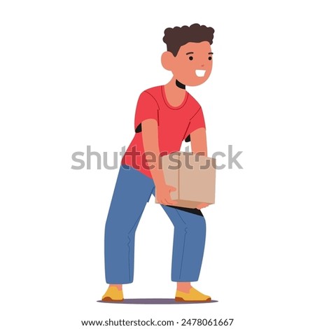 Happy Boy Lifting A Cardboard Box With A Cheerful Smile. Cartoon Vector Character Is Wearing Casual Clothes, Showing A Positive And Energetic Expression, Suggesting Helpfulness And Physical Activity