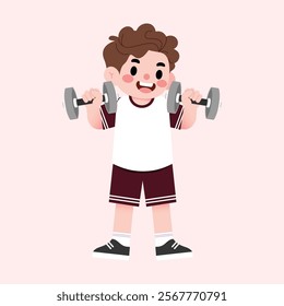 Happy Boy Lifting Dumbbells Child Fitness Cartoon Illustration Healthy Lifestyle