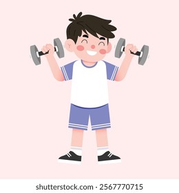 Happy Boy Lifting Light Weights Cartoon Illustration Fitness Exercise Child