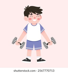 Happy Boy Lifting Weights Cartoon Illustration Child Fitness Healthy Lifestyle